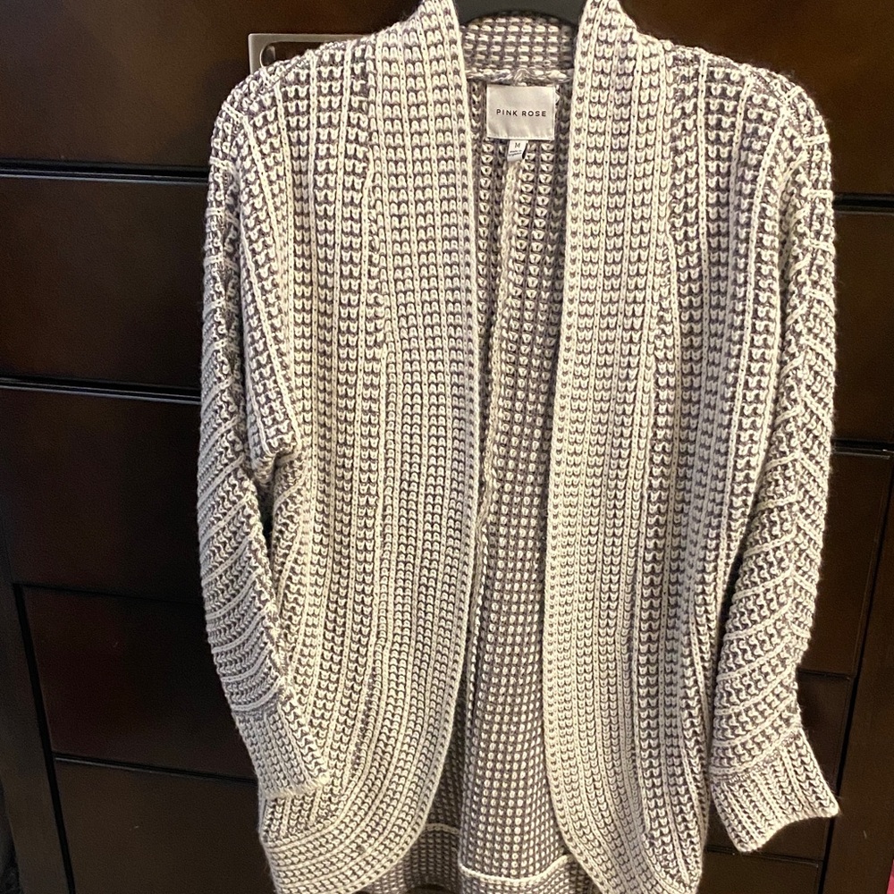 Pink Rose Open-Front Chunky Knit Cardigan in Cream and gray